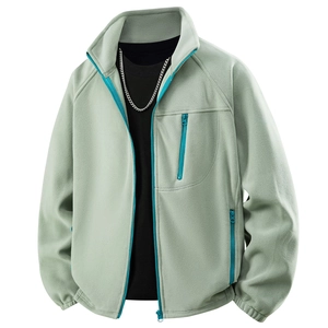 Light green fleece jacket with blue zippers and standing collar for windproof warmth