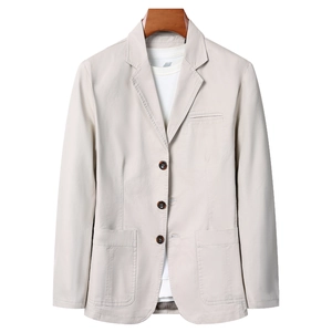 Men's casual cotton blazer jacket in beige with three buttons and patch pockets