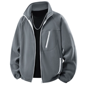 Men's warm grey polar fleece jacket with standing collar and zip pockets for autumn winter