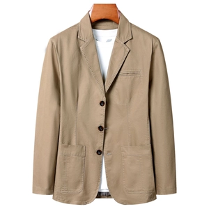 Men's casual khaki cotton blazer jacket with three-button closure and classic lapel