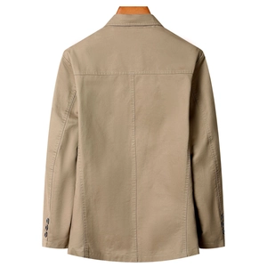 Men's khaki cotton casual blazer jacket featuring a structured back view and neat seams