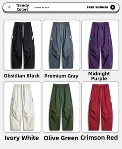 Détails du pantalon cargo en six couleurs dont le noir, le gris, le violet et le vert olive