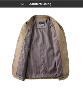Detail view of khaki cotton blazer featuring red and white striped lining and inner label