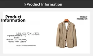 Detailed size chart and fabric specifications for khaki 100% cotton casual blazer