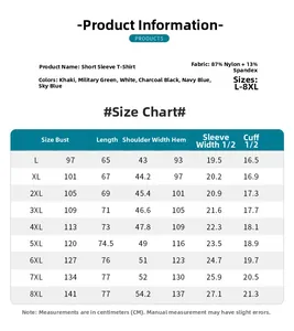 Size chart for men's quarter-zip sports t-shirt with detailed measurements from L to 8XL