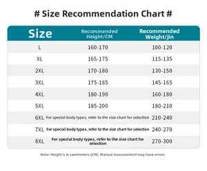 Detailed size chart for men's half-zip sports t-shirt, covering sizes L up to 8XL