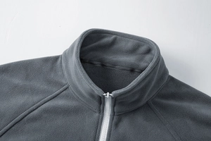 Detail of grey fleece jacket featuring a half-zip neckline and soft thermal texture