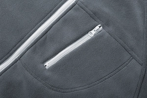 Detailed close-up of heavy-duty zippers and reinforced stitching on dark grey fleece jacket