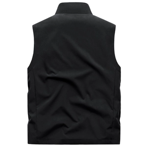 Detail view of the back of a black windproof outdoor vest with stand collar design
