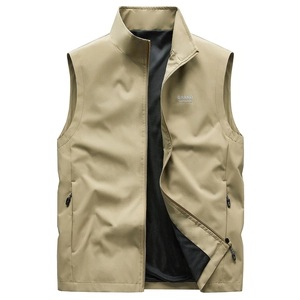 Men's khaki outdoor vest with stand collar, breathable mesh lining and side zipper pockets