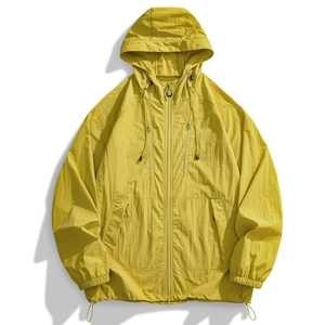 UPF 50+ bright yellow lightweight sun protection jacket with hood and zipper pockets
