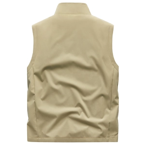 Rear view of outdoor windproof stand collar vest in khaki showing high-quality fabric texture