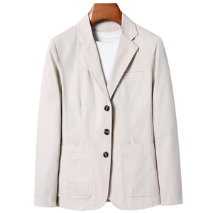 Blazer casual da uomo in cotone beige con design a tre bottoni e tasche applicate frontali