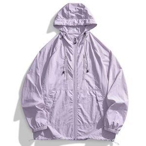 Lightweight lavender UV protection jacket with hood and multiple zipper pockets for hiking