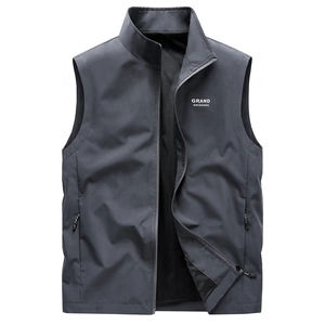 Men's dark gray outdoor vest with stand collar, windproof fabric and mesh lining