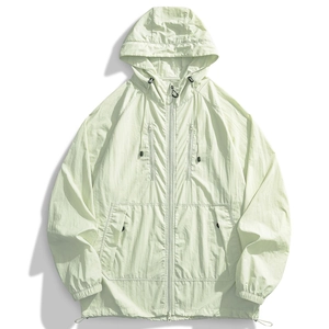 Mint green nylon sun protection jacket with hood and zipper pockets for couples