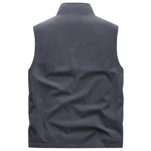 Back view of men's windproof stand collar outdoor vest in navy blue with matte finish