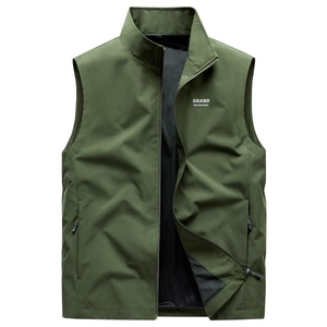 Men's casual outdoor standing collar windproof vest in army green color with zip closure