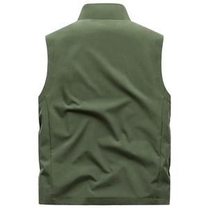 Rear view of outdoor army green windproof vest with stand collar and smooth texture