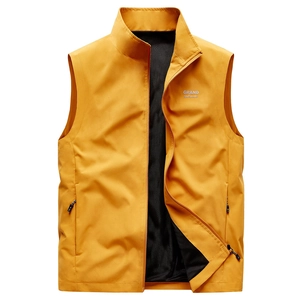 Men's outdoor windproof orange vest with standing collar and breathable mesh lining