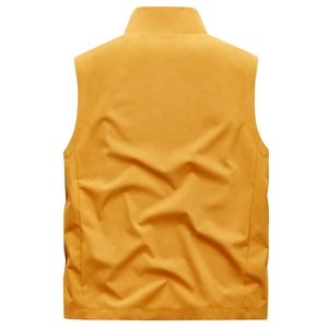 Back view of a vibrant yellow windproof stand collar vest made of smooth durable polyester