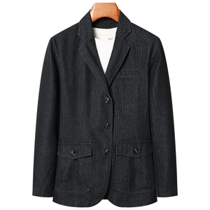 Veste blazer en denim gris foncé pour homme avec boutons simples et grandes poches à rabat