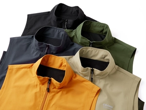 Detail view of colorful windproof outdoor vests with breathable mesh lining and zipper