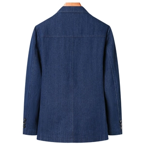 Blazer en jean bleu foncé pour hommes, vue arrière, style décontracté et coupe business chic