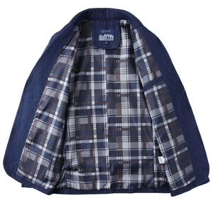 Blazer en denim bleu classique pour hommes avec doublure à carreaux et col à revers