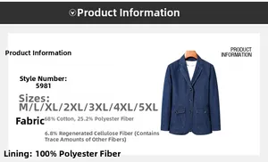 Détail du blazer en denim bleu foncé avec tailles M-5XL et composition du tissu