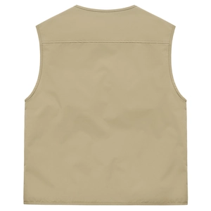 Détail de la couture arrière renforcée et du tissu kaki de ce gilet d'extérieur multipoche