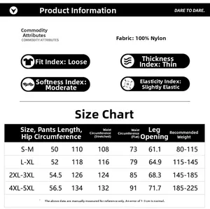 Size chart showing nylon shorts dimensions and specifications from S to 5XL for perfect fit