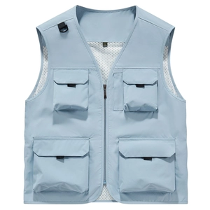 Gilet de pêche bleu clair multi-poches avec col en V et doublure en maille respirante