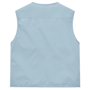 Détail du dos d'un gilet d'extérieur bleu clair en tissu technique lisse à séchage rapide