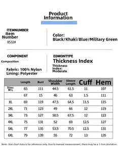 Detailed men's breathable jacket size chart from M to 6XL with 100% nylon material info