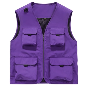 Gilet de sport violet avec poches multiples, col en V et doublure en mesh respirant