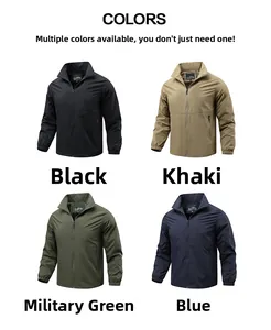 Collage of lightweight men's stand collar jackets in black, khaki, army green, and blue