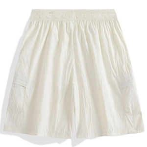 Detail of cream cargo shorts with elastic drawstring waist and large side pockets
