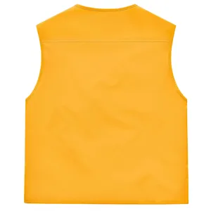 Vue arrière du gilet de photographie extérieur jaune avec poches multiples et fini lisse
