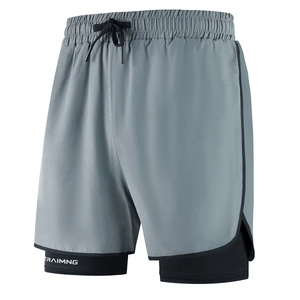 Men's 2-in-1 quick-dry sports shorts in gray with black inner layer and drawstring waist