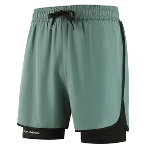 Men's 2-in-1 quick-dry sports shorts in green with black compression liner and drawstring