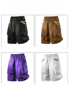 Detail view of cargo shorts in black, reddish brown, roman purple, and gray colors