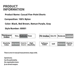 Detailed size and fabric specification chart for loose fit 100% nylon summer cargo shorts