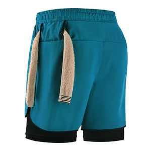 Detail view of double-layer sports shorts with built-in liner and back towel holder strap