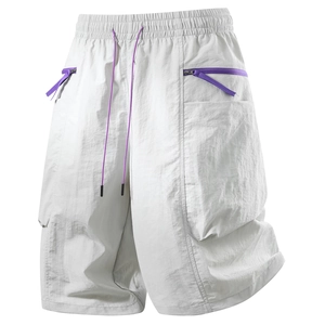 Men's light grey techwear cargo shorts with purple zipper details and elastic drawstring