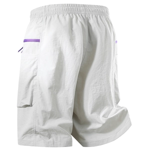 White casual summer cargo shorts for men featuring elastic waist and purple zipper pockets