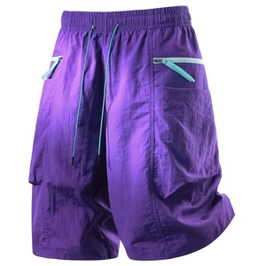 Purple nylon cargo shorts for men with elastic waist and blue zipper pockets detail
