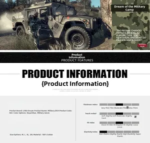 Detailed size chart and specifications for 100% cotton military style short sleeve shirt