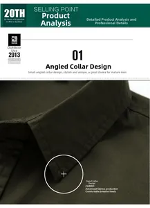 Detail of army green cotton shirt collar featuring stiff stand-up lapel design