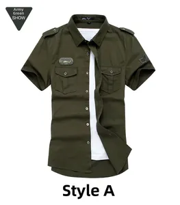 Detailed macro view of army green cotton shirt with shoulder tabs and embroidered patches